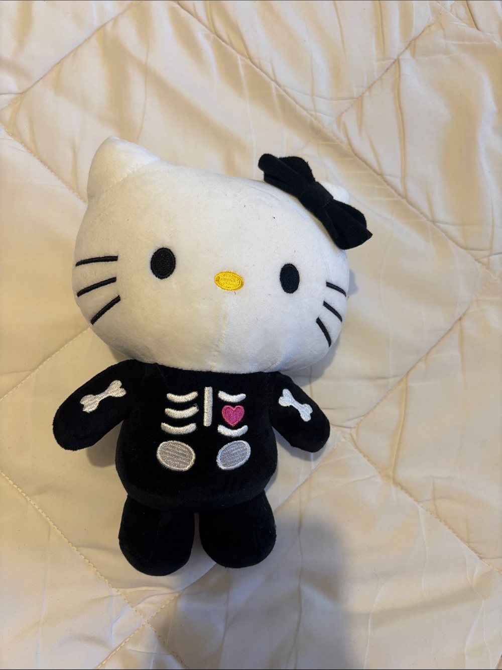 Hello Kitty Black & White Skeleton Plush with Pink Heart